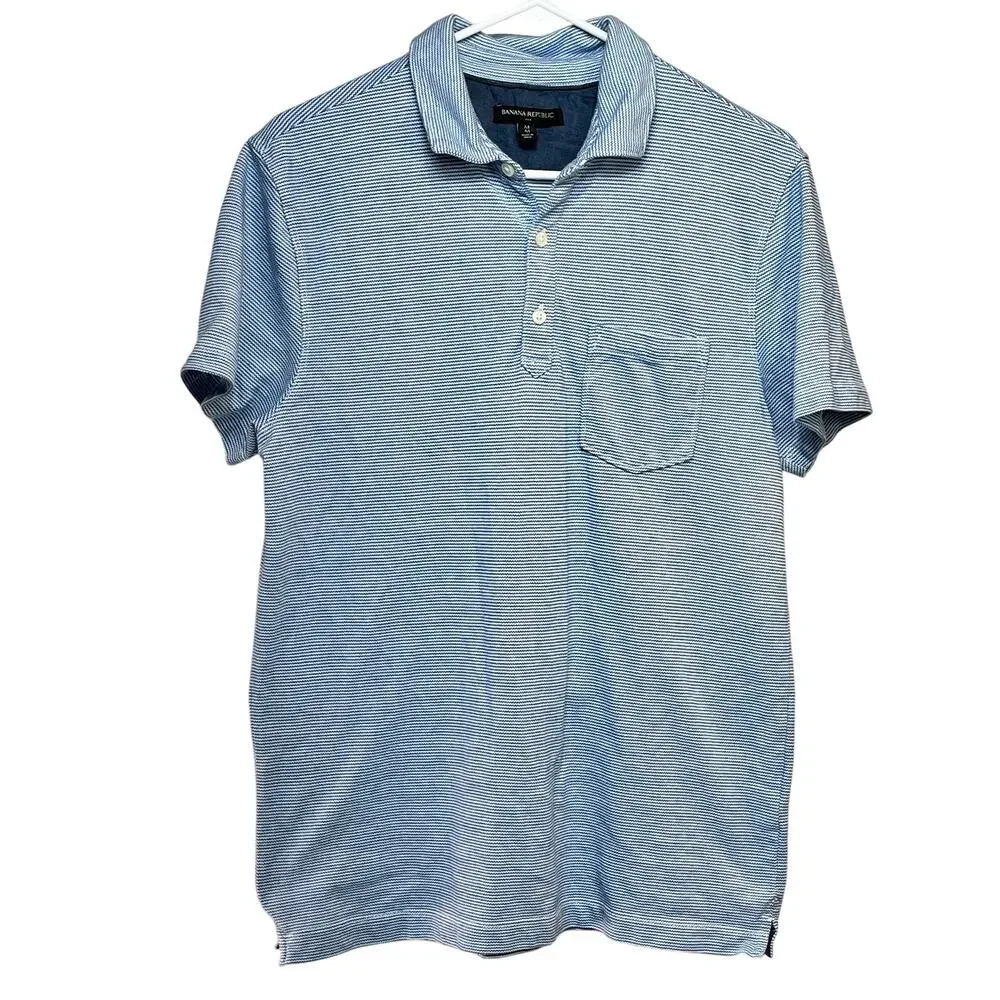 Blue White Stripe Nautical Polo Shirt Mens Medium Cotton Banana Republic Factory